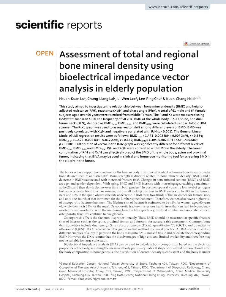 Assessment of total and reginoal bone mineral density using bioelectrical impedance vector analysis in elderly population, Scientific Reports, 2021