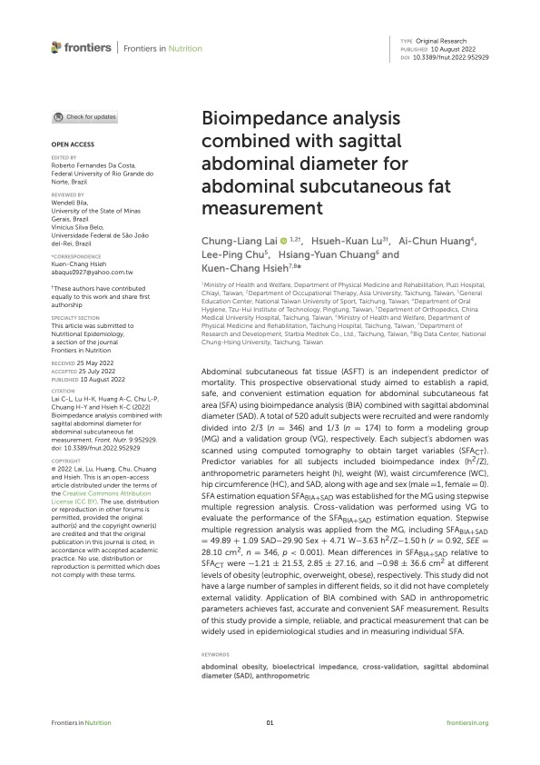 Bioimpedance analysis combined with sagittal abdominal diameter for abdominal subcutaneous fat measurement, 2022
