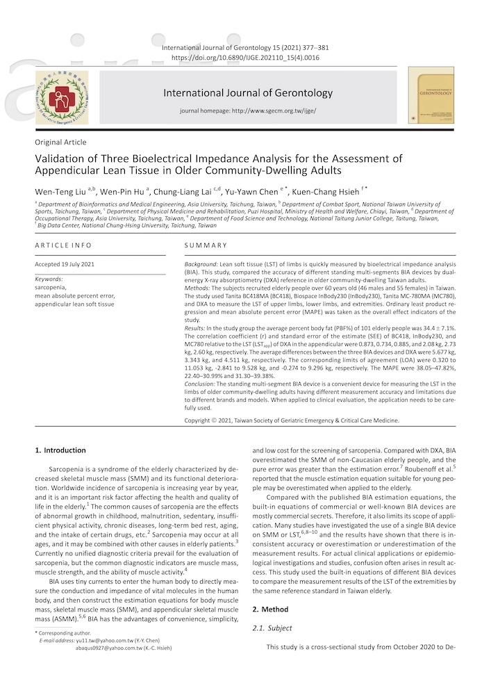 Validation of Three Bioelectrical Impedance Analysis for the Assessment of Appendicular Lean Tissue, Internation Journal of Gerontology, 2021