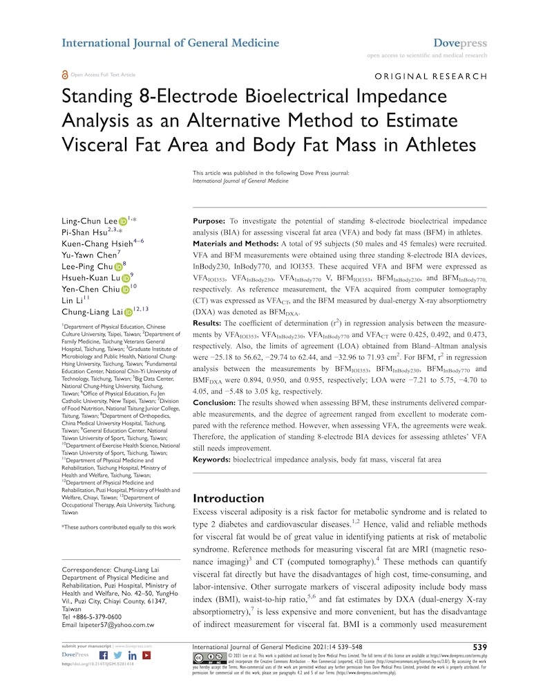 Standing 8-Electrode Bioelectrical Impedance Analysis as an Alternative Method to Estimate Visceral Fat Area and Body Fat Mass in Athletes, International Journal of General Medicine,2021